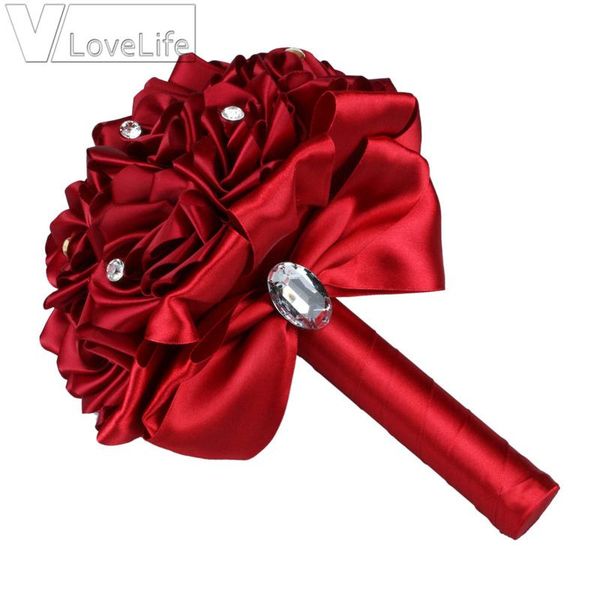 

handmade bouquet artificial satin rose flower posy rhinestone wedding bouquet bridal bridesmaid wedding decorations