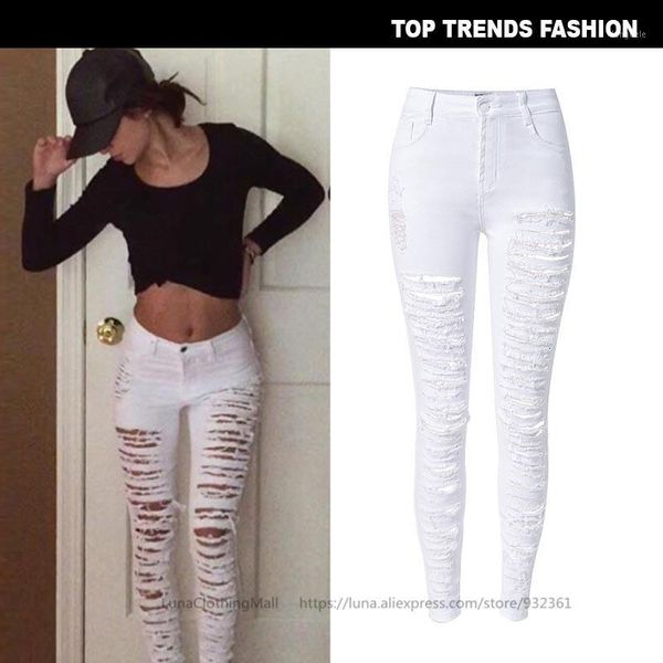 

european streetwear stripe ripped skinny jeans white high waist denim pants elastic jean for women plus size 461, Blue