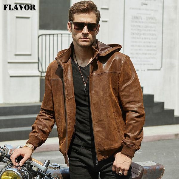 

new men's winter jacket made of genuine pigskin leather with a hood, pigskin motorcycle jacket, natural leather jacket1, Black