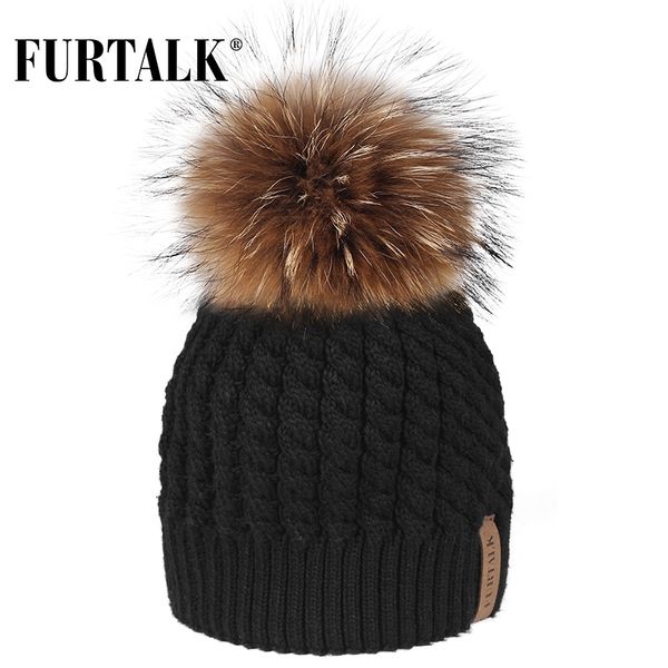 

furtalk real raccoon fur women knitted pompom hat beanie caps autumn winter female pom hats for girls y200102 s, Blue;gray