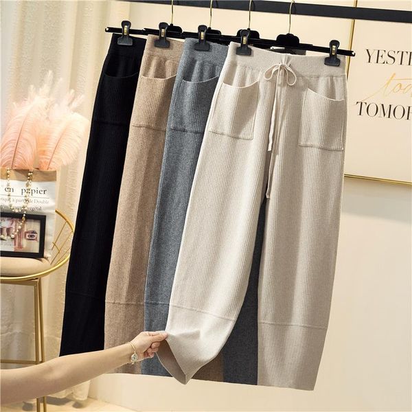 

soft knitted pants women autumn winter pocket harun pants thick high-waisted women's cotton casual knit trousers, Black;white