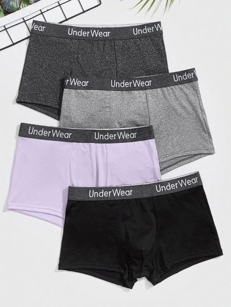 

men 4pcs contrast letter tape boxer brief p3ip#, Black;brown