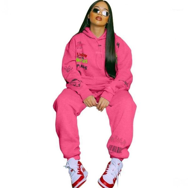 

fashion graffiti print two piece outfits hoodies and pants tracksuit women set autumn winter new high street sweatsuit sets1, Gray