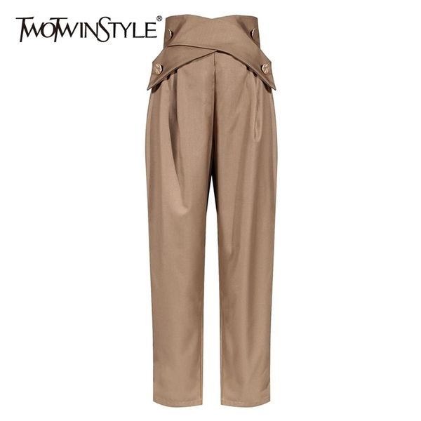 

twotwinstyle casual irregular trousers for women high waist lace up button straight slim pants female autumn fashion new 201118, Black;white