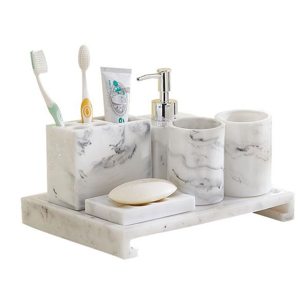 

nordic bathroom set marble pattern resin washroom accessories toothbrush holder soap dispenser soap dish bathroom tray for weddi
