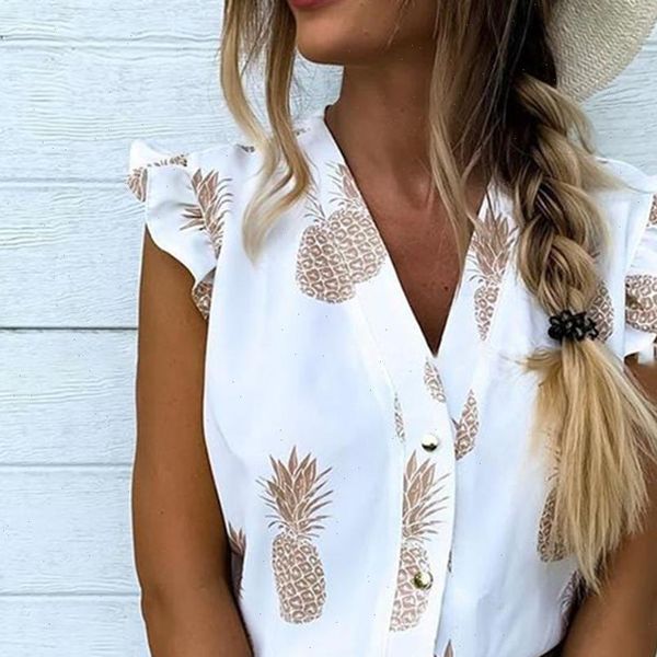

women summer shirt vacation leisure female holiday girls sweet shirt pineapple print ruffles sleeve casual ladies blouse, White