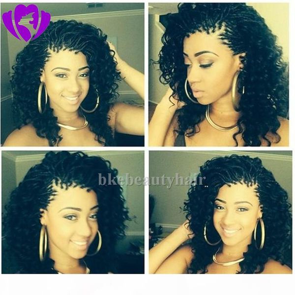 

stock fast shipping scurly wig black color micro box braided wigs synthetic lace front wigs for africa american women