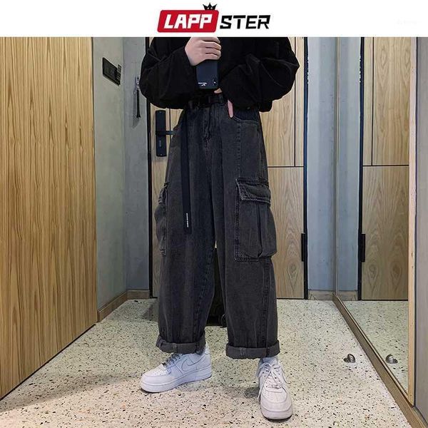 

lappster men black baggy jeans big pockets 2020 kpop hip hop harem pants high waisted vintage oversized denim pants plus size1, Blue