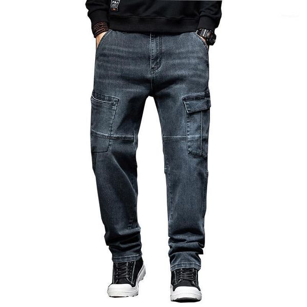 

mcikkny men's cargo casual jeans multi pockets loose fit denim pants for male plus size 28-441, Blue