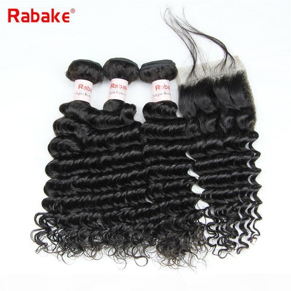 

remy deep wave brazilian hair 3 bundles with closure rabake human hair weave extensions 4x4 swiss lace closure wholesale fast shipping, Black;brown