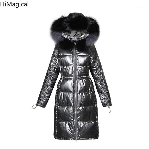 

winter shiny glossy x-long jacket women korean style hooded with fur collar plus size parkas slim coats clothes clothing new1, Black