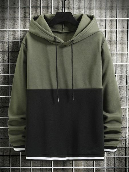 

men color block striped trim drawstring thermal hoodie m5kb#, Black