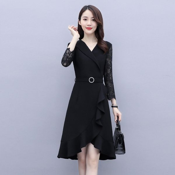 

autumn dress dresslace dressbottomed skirt black long sleeve mid length stitching lace up waistband fishtail ruffled knit dress wi8iu, Black;gray