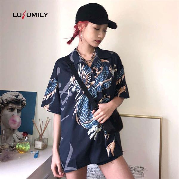 

lusumily harajuku new summer blouse 3d dragon print shirt 2019 short sleeve woman causal blouses kimono cardigan1, Black;brown