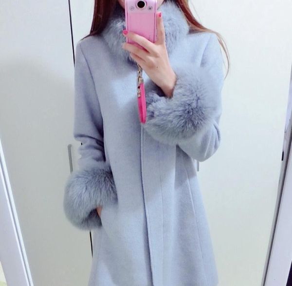 

fashion solid long winter fashion wool coats single breasted office wool blend coat and jacket fur collar pockets coat femenino1, Black