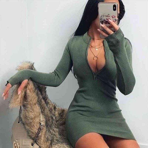 

ladies elegant solid party knitted dress women casual half-zip long sleeve v-neck rib bodycon dress slim mini dresses knitwear, Black;gray