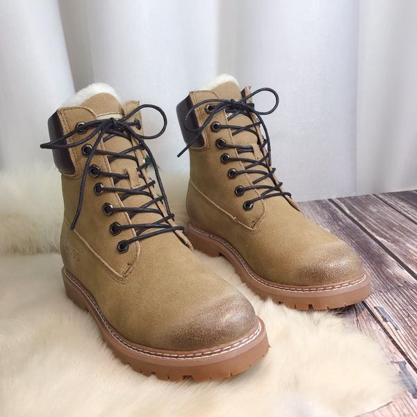 

designer womens boots camel brown stitching lace-up with fluff gradient round head low heel with box size 35-40, Black