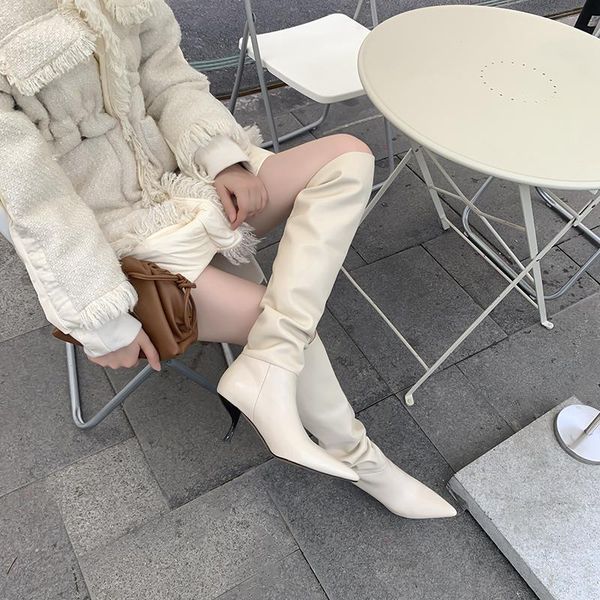 

2020 size 33-43 genuine leather women boots stiletto heels pointed toe ladies shoes winter solid color knee high boots, Black