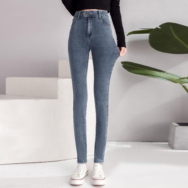

jeans for women high waist plus size elasticity skinny blue gray button female denim pencil pant 4xl 5xl, Black;white
