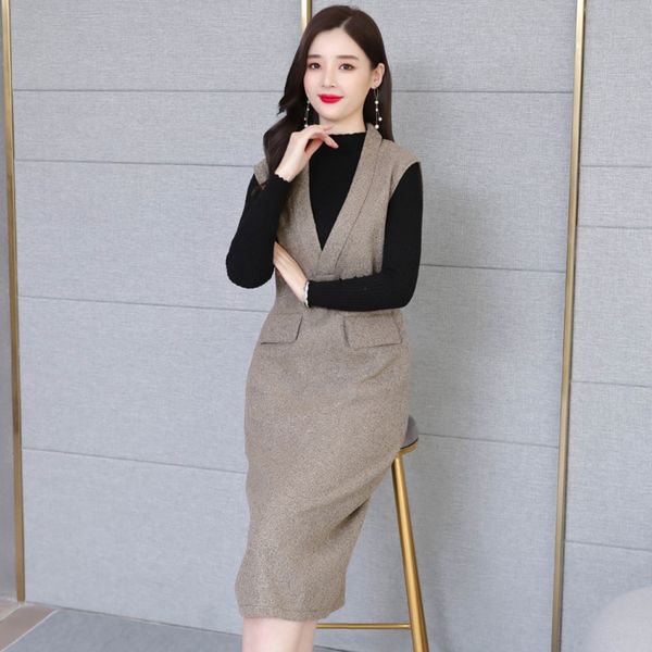 

осень зима юбка костюм skirtdress skirt2020 новой женской одежды корейской версии тонкий моды костюм юбка середине длинный шерстяное платье, Black;gray