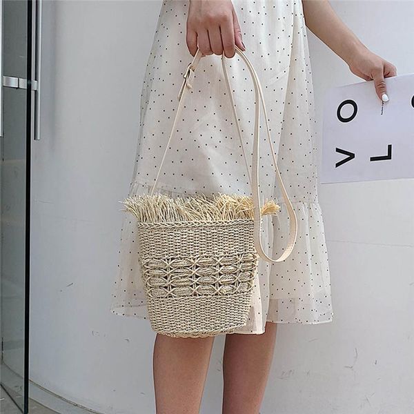 

new woven tassel beach handbags summer women fashion bucket bag rattan woven small shoulder messenger travel straw bag #40