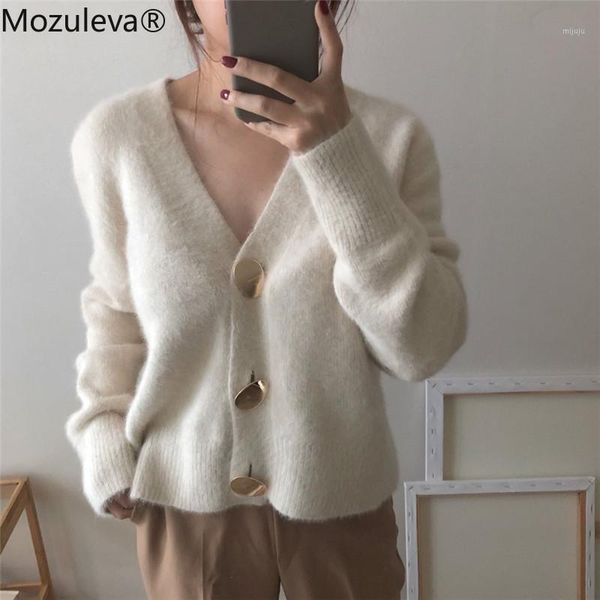 

mozuleva soft mohair cardigans sweater women single breasted v neck knitted sweater jacket long sleeve jumper autumn winter1, White