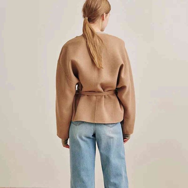 

wool & women's blends totem* coat short cardigan cassic annecy series v-neck arc si-shaped silhouette belted jacket tight waist, Black
