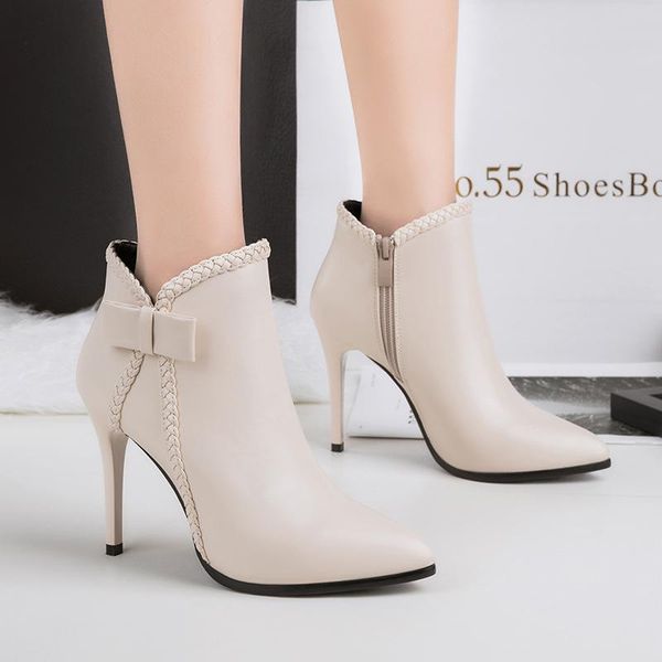 

fashion winter new high heels martin boots butterfly-knot short boots ankle zip pointed toe thin heels super high (8cm-up, Black