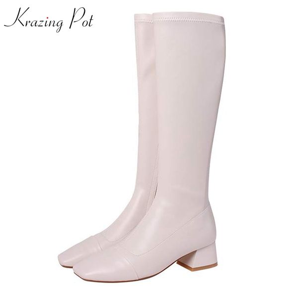 

krazing pot luxury square toe cow leather zipper med heels thigh high boots winter shoes riding keep warm knee-high boots l20, Black