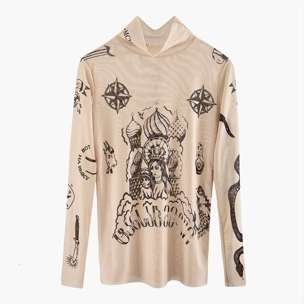 Herbst Neue Mode Frauen Basal Top Göttin Tatoo Print Langarm Hohe Enge Kragen Nude Farbe Mesh Garn Sexy T-shirt B666 201125