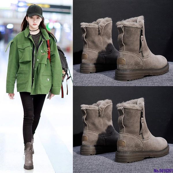 

плоский кожаный boots женщины zip короткие плюшевые зимняя обувь женщины подогреть дамы сапоги голеностопного шитье мода черные туфли женщин, Black