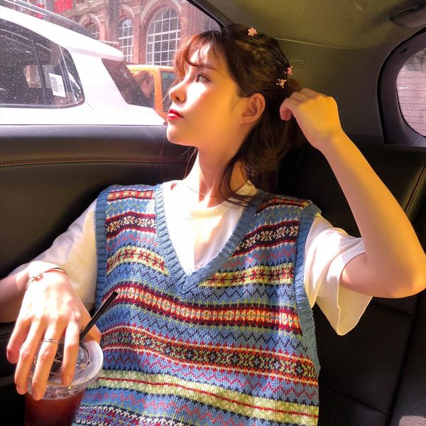 

korean sweater loose v neck retro women striped short sweater vest 2019 new autumn vintage bf sleeveless female casual, Black;white
