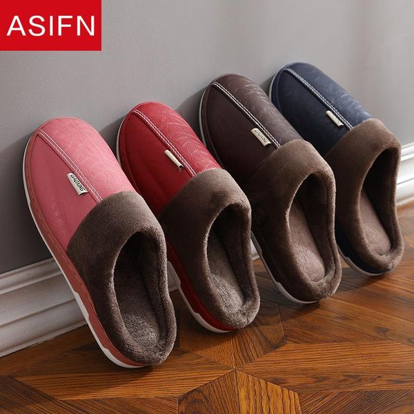 

asifn pu leather winter slippers home women men warm shoes indoor non-slip sepatu zapatos de mujer waterproof faux fur, Black