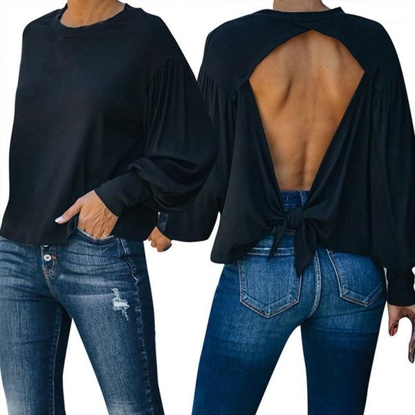 

women's autumn , featured loose backless tie-knot pure color round neck women's t-shirt1, White