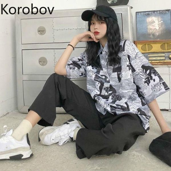 

korobov turn down collar short sleeve single breast blouse women korean ins retro print blusas summer 2020 new shirt 2a9241, White
