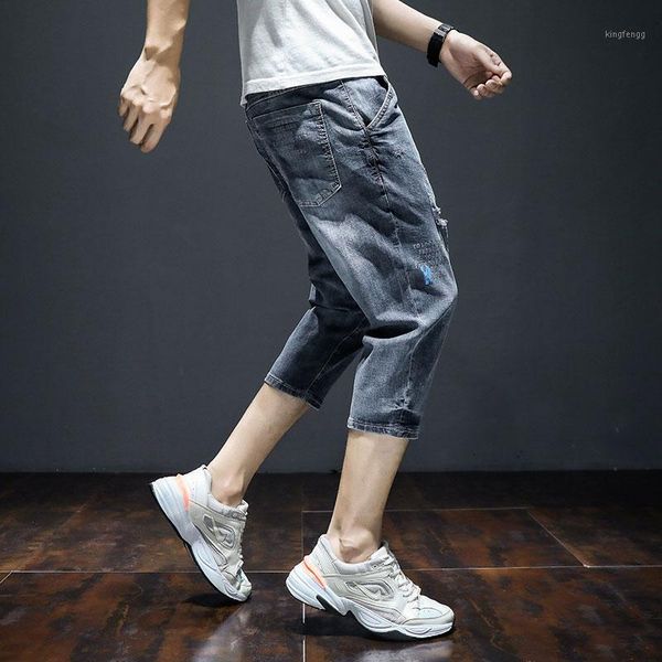 

men ripped baggy jeans korean style man printed straight stretch jean short pants 2020 fashion summer distressed denim trousers1, Blue