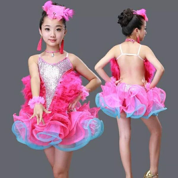 

stage wear latin dance dress for girls salsa spandex rumba tango children ballroom dresses kids samba competition cha sequin feathers, Black;red