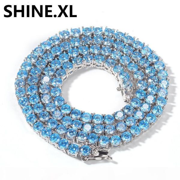 

новый 4 мм 1row цепь теннисных цепь замороженные zircon shine blue zircon mens hip hop ювелирные изделия подарок, Silver