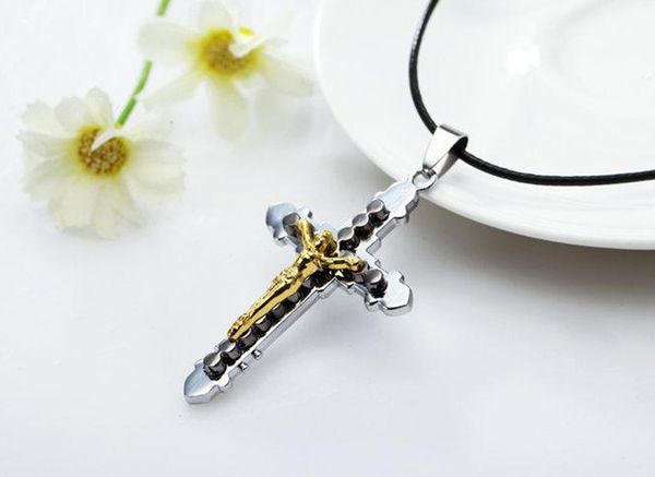 

cross necklaces jesus christ crucifix with leather chain necklace, Silver