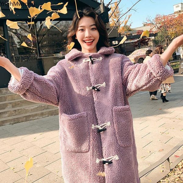 

horn single breasted pocket warm thick cotton padded long loose parkas women plus size winter faux wool lamb coat chaqueta korea1, Tan;black