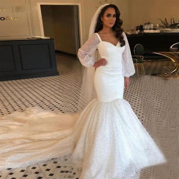 

sparkle tulle long sleeve wedding dresses with long train v-neck vestido de noiva lace up back mermaid wedding gowns, White