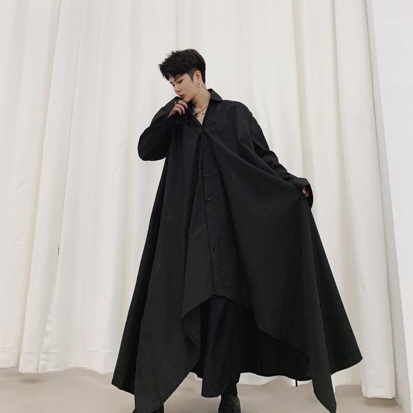 

men long sleeve black white irregular rope shirt dress male women streetwear vintage gothic long style japan kimono robe shirt1, White;black