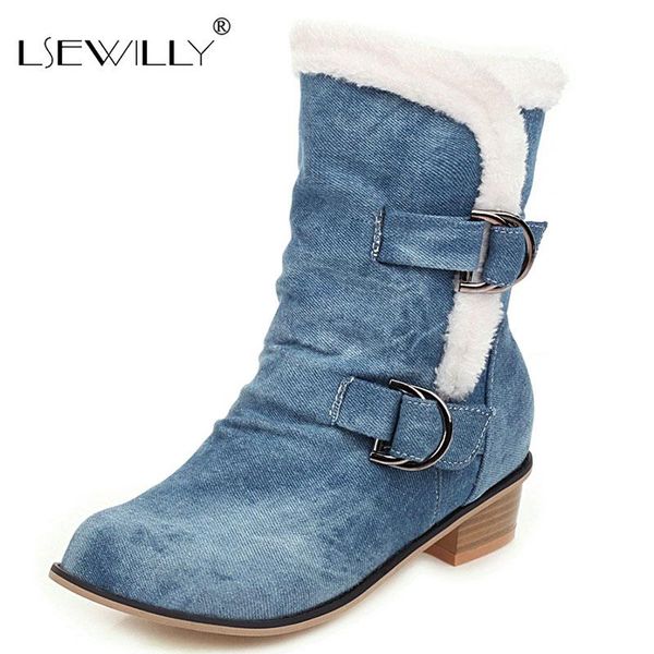 

lsewilly women boots 2020 new arrival winter short plush buckel straps ankle boots round toe casual denim women shoes, Black