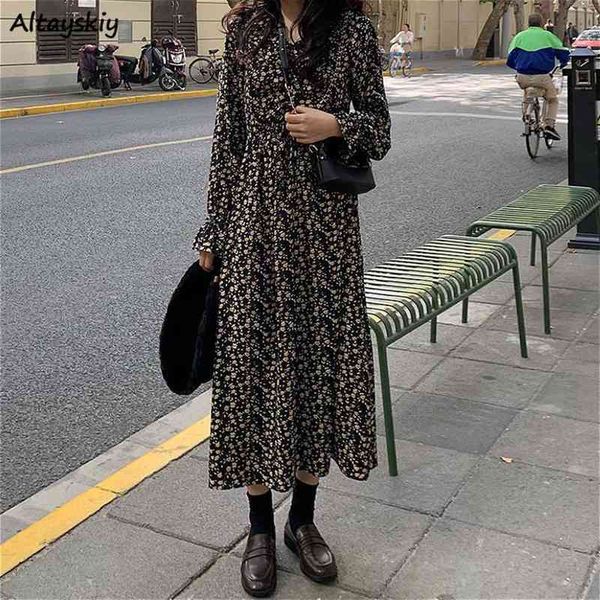 

dresses women floral spring ladies all-match daily korean style v-neck causal fashionable elegant retro vestidos streetwear thin, Black;gray