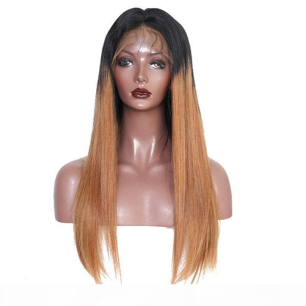 

dark blonde ombre human hair wig straight virgin peruvian full lace wig human hair two tone lace front wig with baby hair, Black;brown
