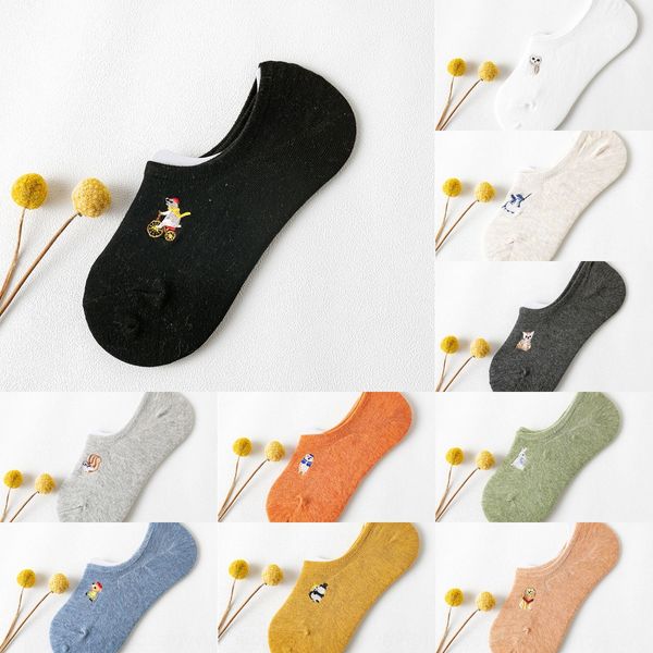 

hidden cotton boat cute embroidered animals pure cotton boat socks women silicone antiskid thin summer shallow mouth invisible socks childr, Black