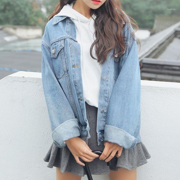 

winter coat women jean light blue solid turn-down collar coats and jackets women korean loose casual pocket jacket oct1, Black;brown