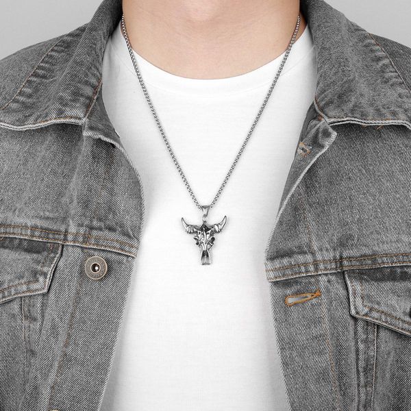 

yak skull animal long men necklaces pendants chain punk for boyfriend male stainless steel jewelry creativity gift wholesale wmtbfs, Bronze;silver