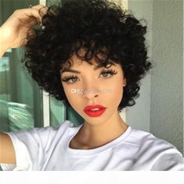 

human hair glueless lace front wig brazilian hair kinky curly wig natural hairline 100% virgin women's short curly human hair lace wigs, Black;brown