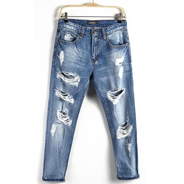 

2020 men's jeans new hole slim trousers denim elastic skinny cotton male male pencil pants ripped jeans for men men pants, Blue